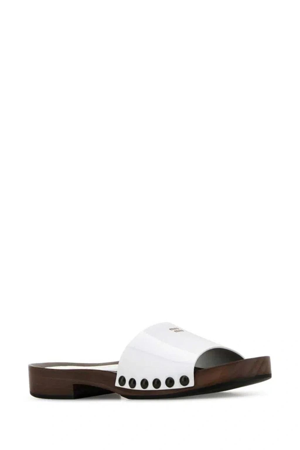 MIU MIU Wood Sole Flat Sandals With Studded Side In White Product Image