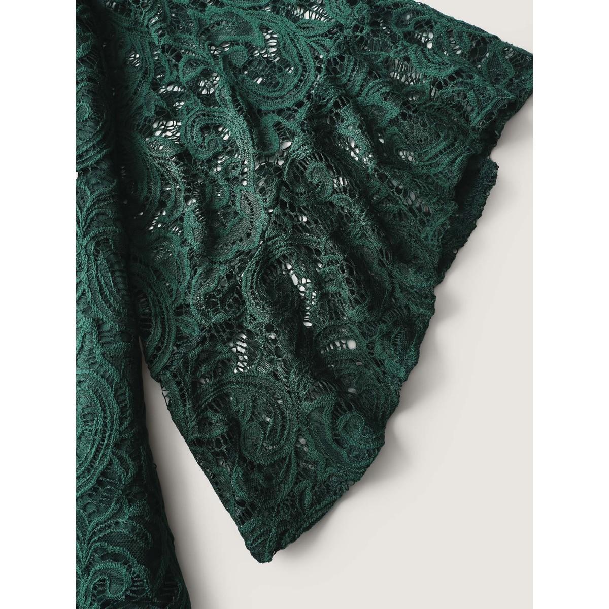 Plus Size DarkGreen Lace Sheer Flared Sleeve V-Neck Blouse Women Romantic Elbow-length sleeve V-neck Elegant Blouses BloomChic 28/5X Product Image