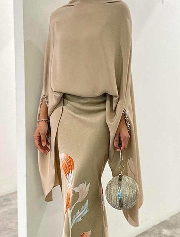 Batwing Sleeves Loose Floral Printed Split-Joint High Neck Skirt Set Two Pieces Set Product Image