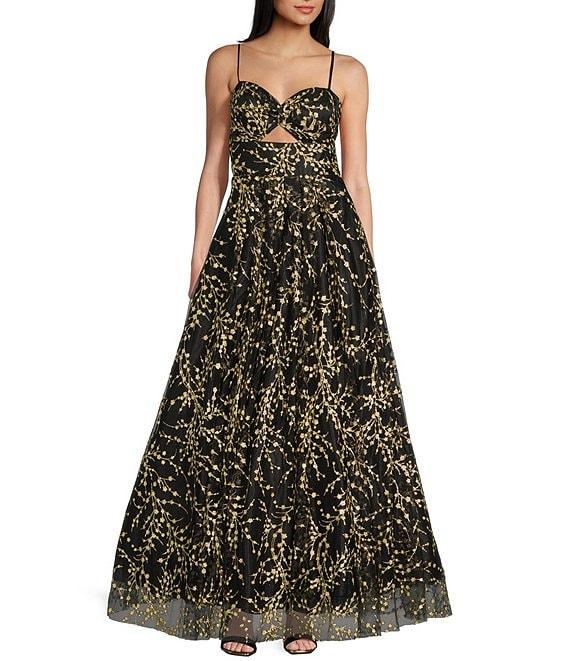 Blondie Nites Mesh Glitter Floral Sweetheart Neck Sleeveless Long Dress Product Image