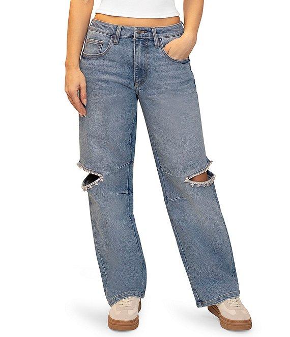 Stevie By Steve Madden Cut Out Jeweled Barrel Jeans Product Image