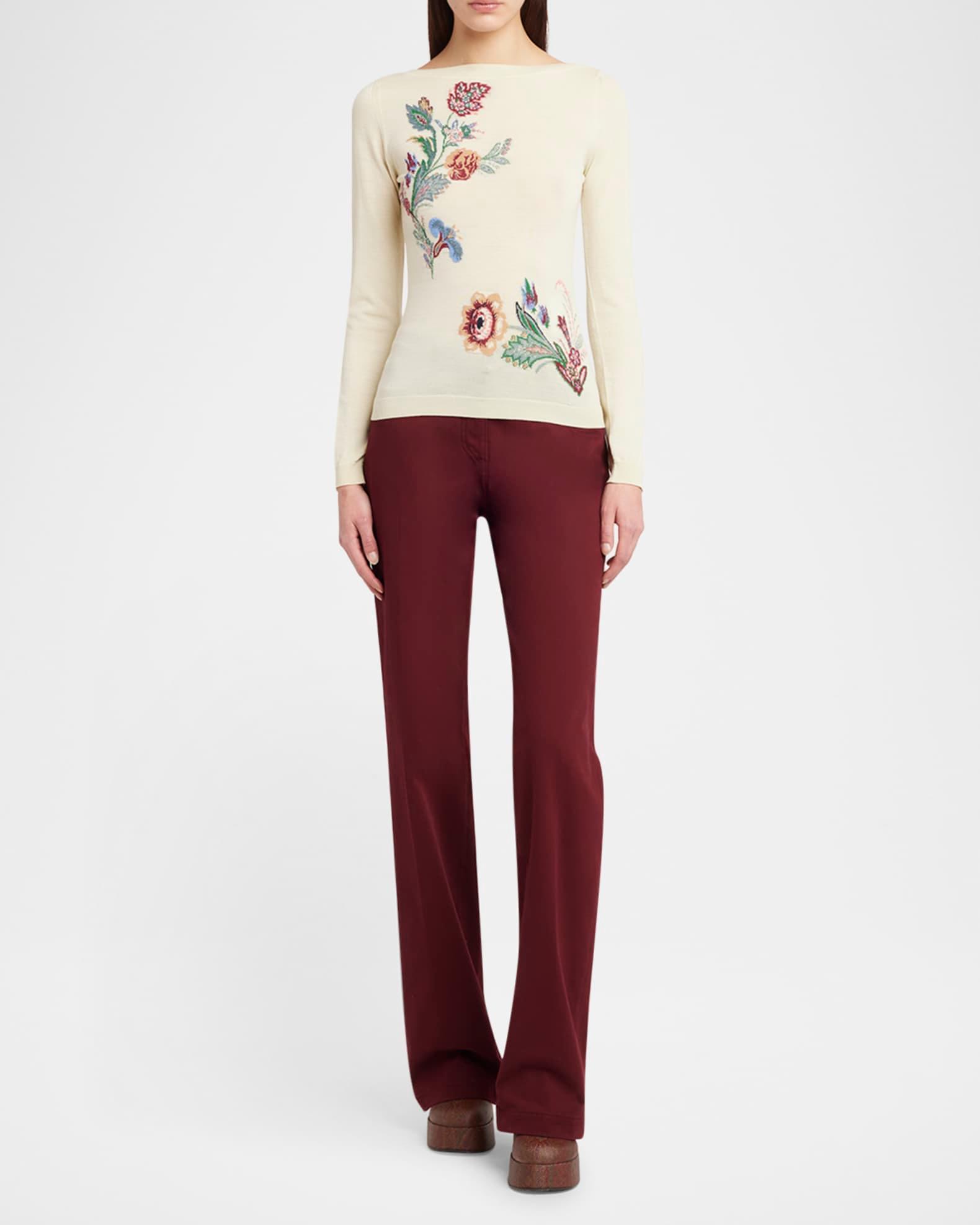Boat-Neck Floral Linen Knit Sweater Product Image