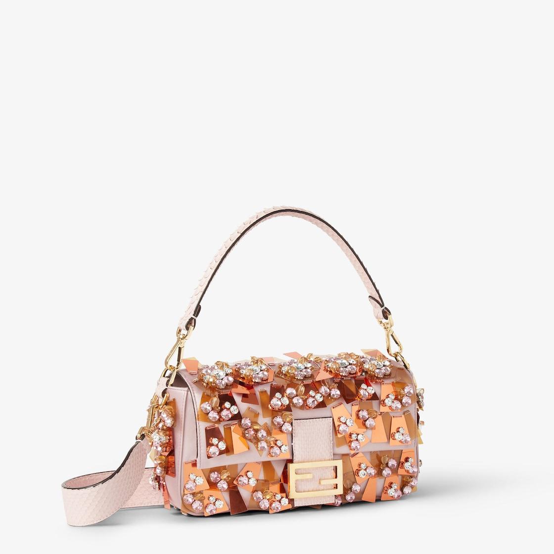 BaguettePink satin bag with appliqués Product Image