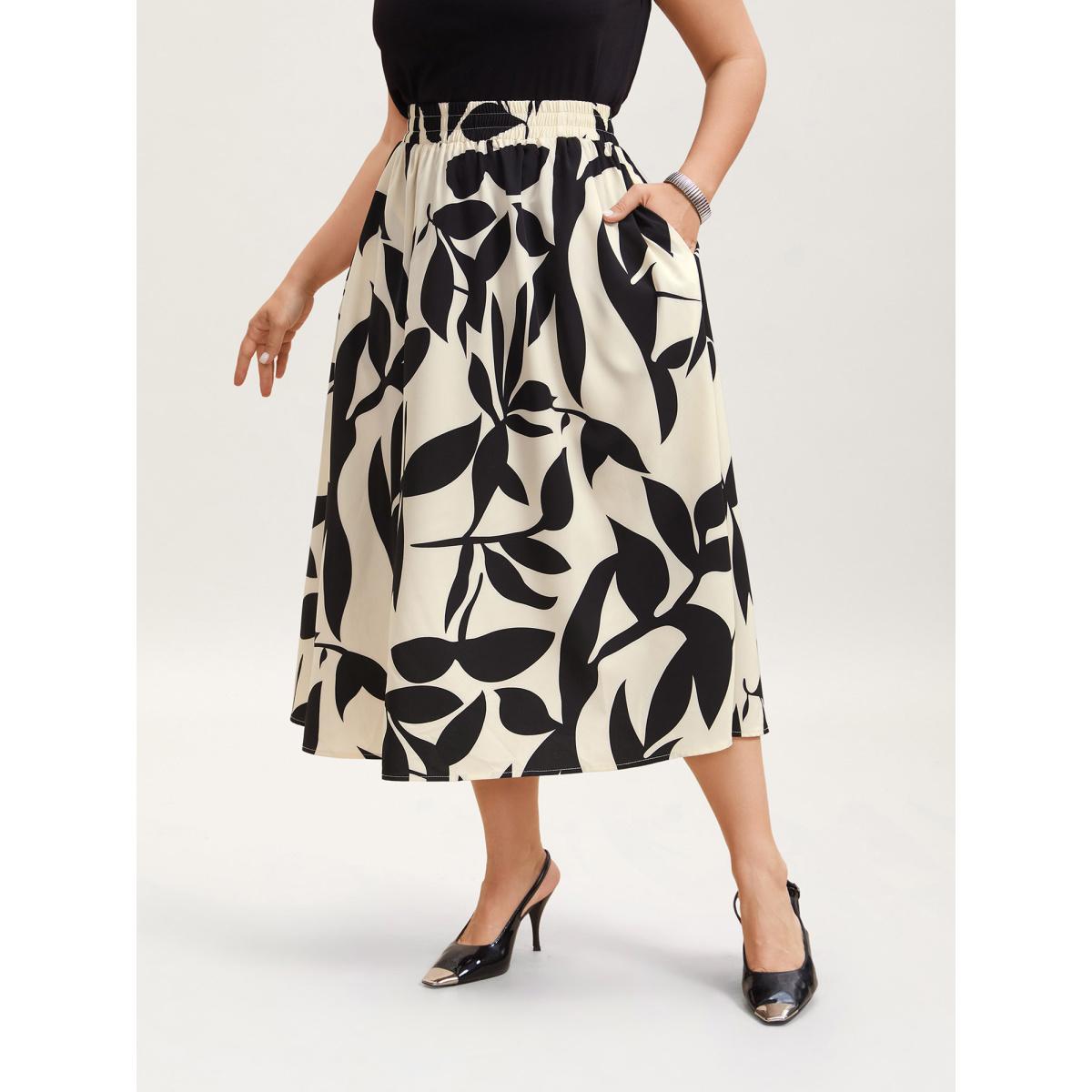 Plus Size Leaf Print Stretchy-Waist Midi Skirt Women Apricot Elegant Contrast Loose No stretch Slanted pocket Everyday Skirts BloomChic 18-20/2X Product Image