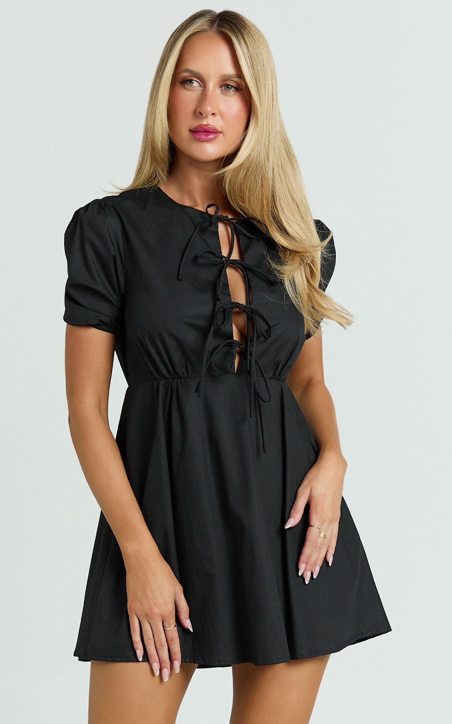 Hattie Mini Dress - Tie Front Puff Sleeve Dress in Black Product Image