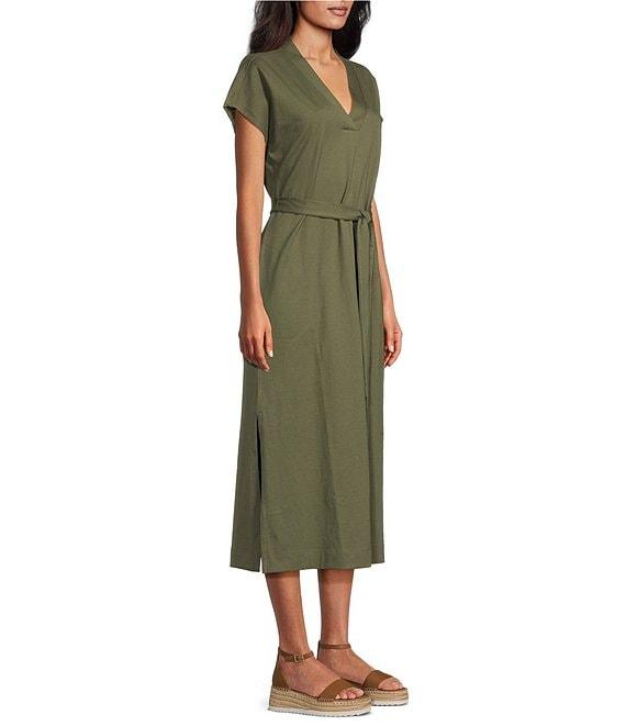 Tommy Bahama Islandscape Jersey V-Neck Short Sleeve Self-Belted Midi Dress Product Image