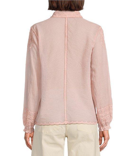 Reba Fancy Woven Point Collar Long Blouson Sleeve Scalloped Lace Button Front Top Product Image