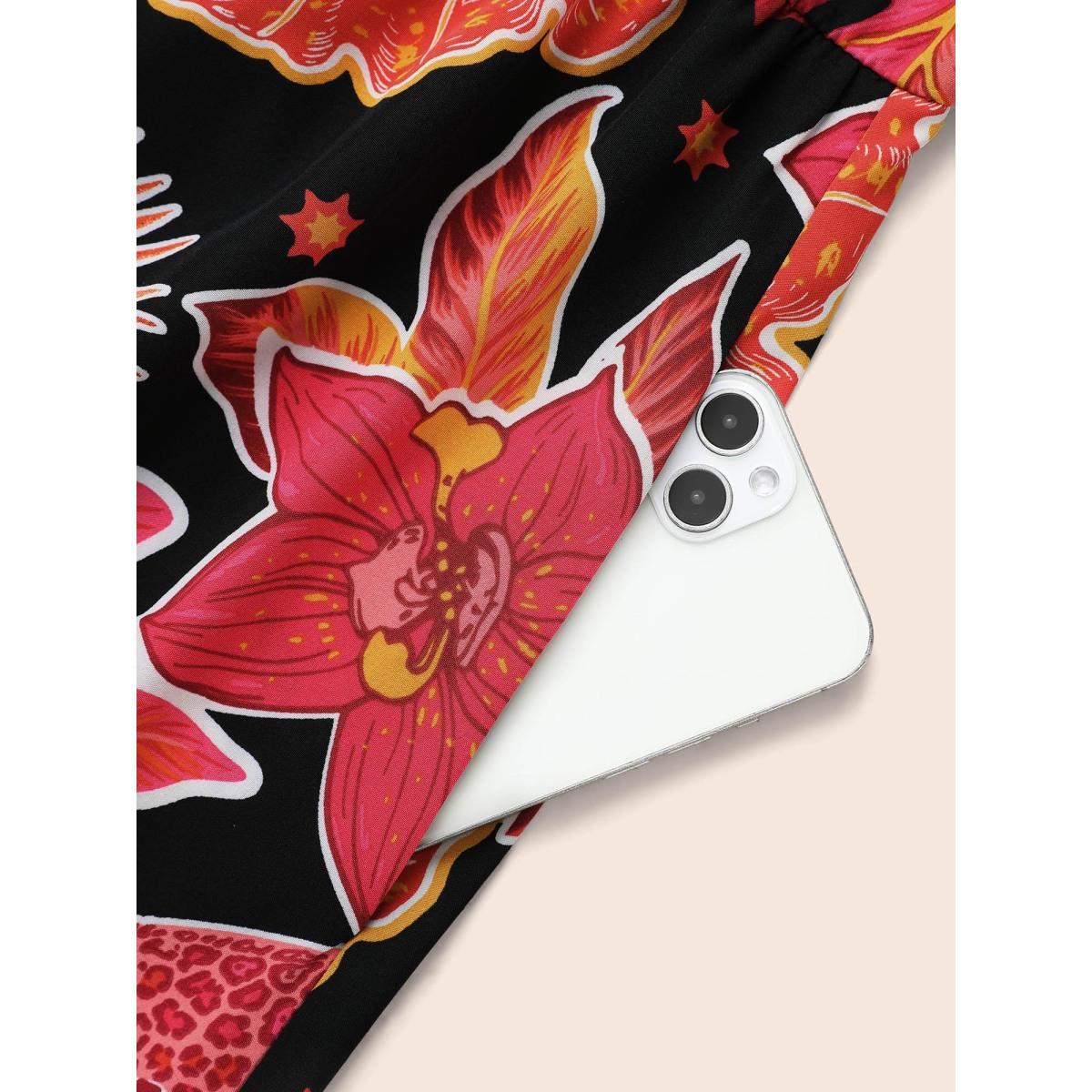 Plus Size Notched Floral Elastic Waist Maxi Dress Black Women Elegant Button Flat collar with V-notch Long Sleeve Curvy BloomChic 26/4X Product Image