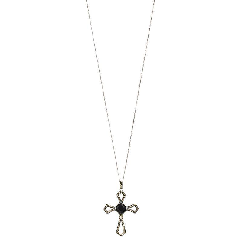 Tori Hill Sterling Silver Onyx & Marcasite Cross Pendant Necklace, Womens Product Image