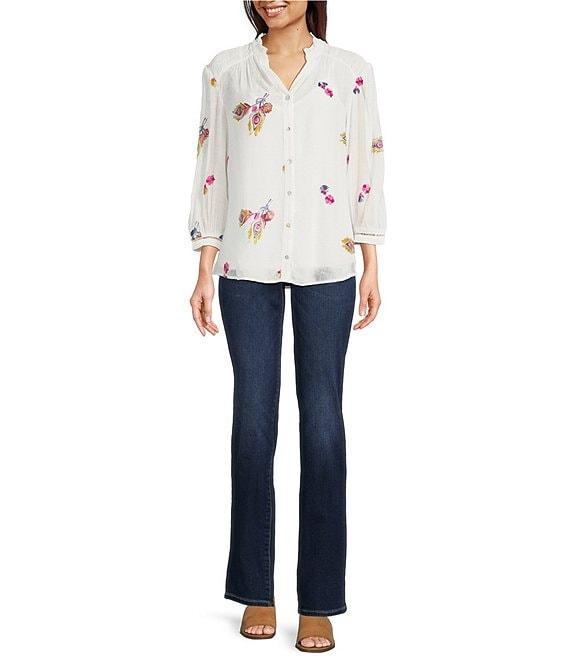 Figueroa & Flower Embroidered Woven Ruffled V-Neck 3/4 Sleeve Button-Front Blouse Product Image