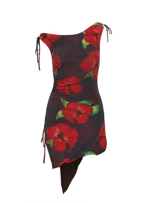 Harmonie One Shoulder Mini Dress Brown / Red Product Image