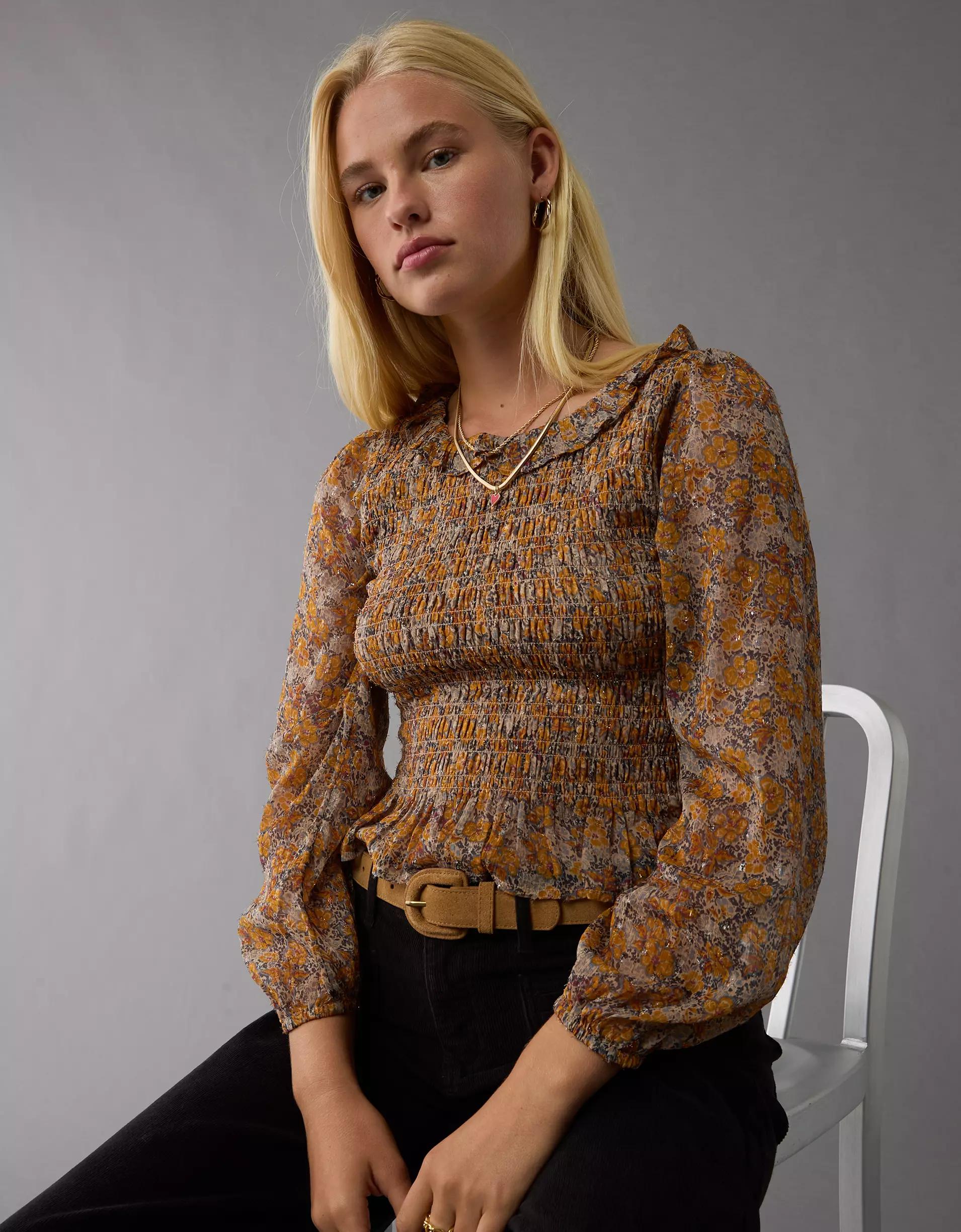 AE Long-Sleeve Smocked Bodice Ruffle Top Product Image