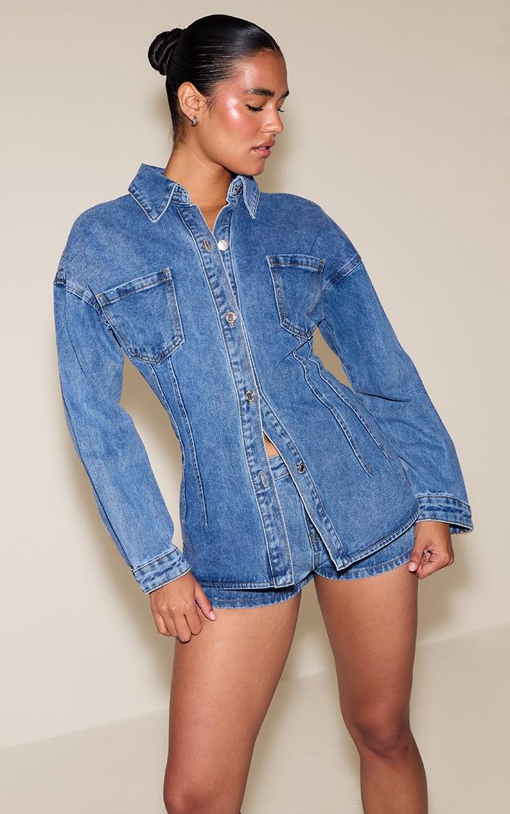 Mid Blue Wash Mid Rise Denim Hotpants Product Image