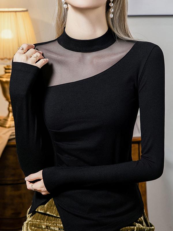 Long Sleeves Plus Size Asymmetric See-Through Solid Color Split-Front Split-Joint Round-Neck T-Shirts Tops Product Image