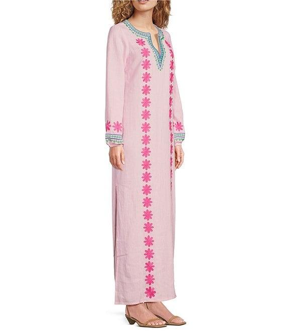 SAIL to SABLE Woven Floral Embroidered Split V-Neck Long Sleeve Caftan Dress Product Image