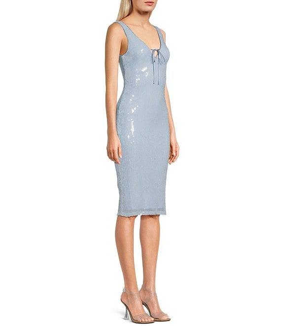 Midnight Doll Sequin Embellished V-Neck Tie Accent Knee Length Dress Product Image