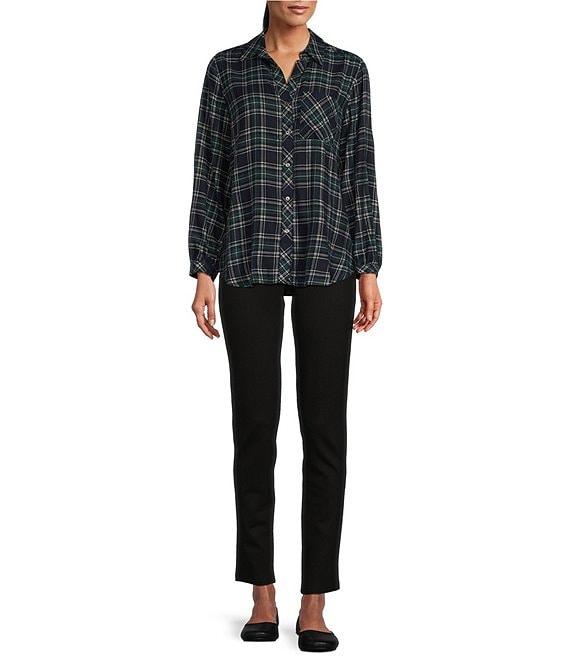 Westbound Tartan Plaid Print Long Sleeve Y-Neck Button Front Collared Top Product Image