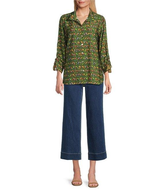 John Mark Woven Parrot Print Wire Collar 3/4 Cinched Tie Sleeve Hi Low Hem Button Front Tunic Product Image