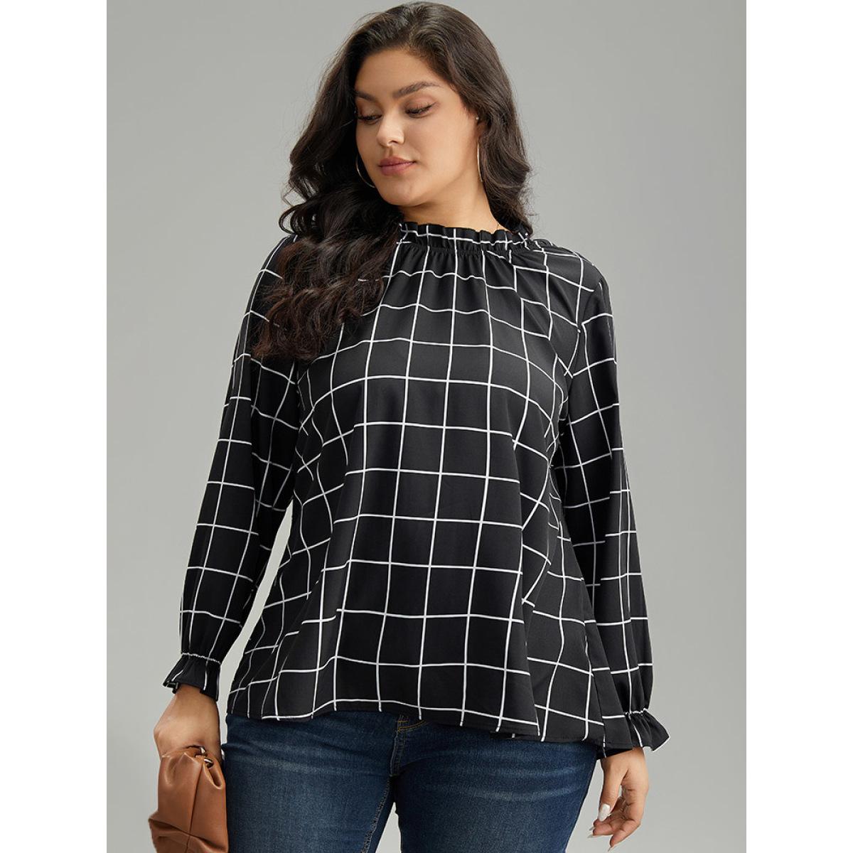 Plus Size Black Plaid Stand Collar Ruffles Lantern Sleeve Blouse Women Office Long Sleeve Stand-up collar Office Blouses BloomChic 14-16/1X Product Image
