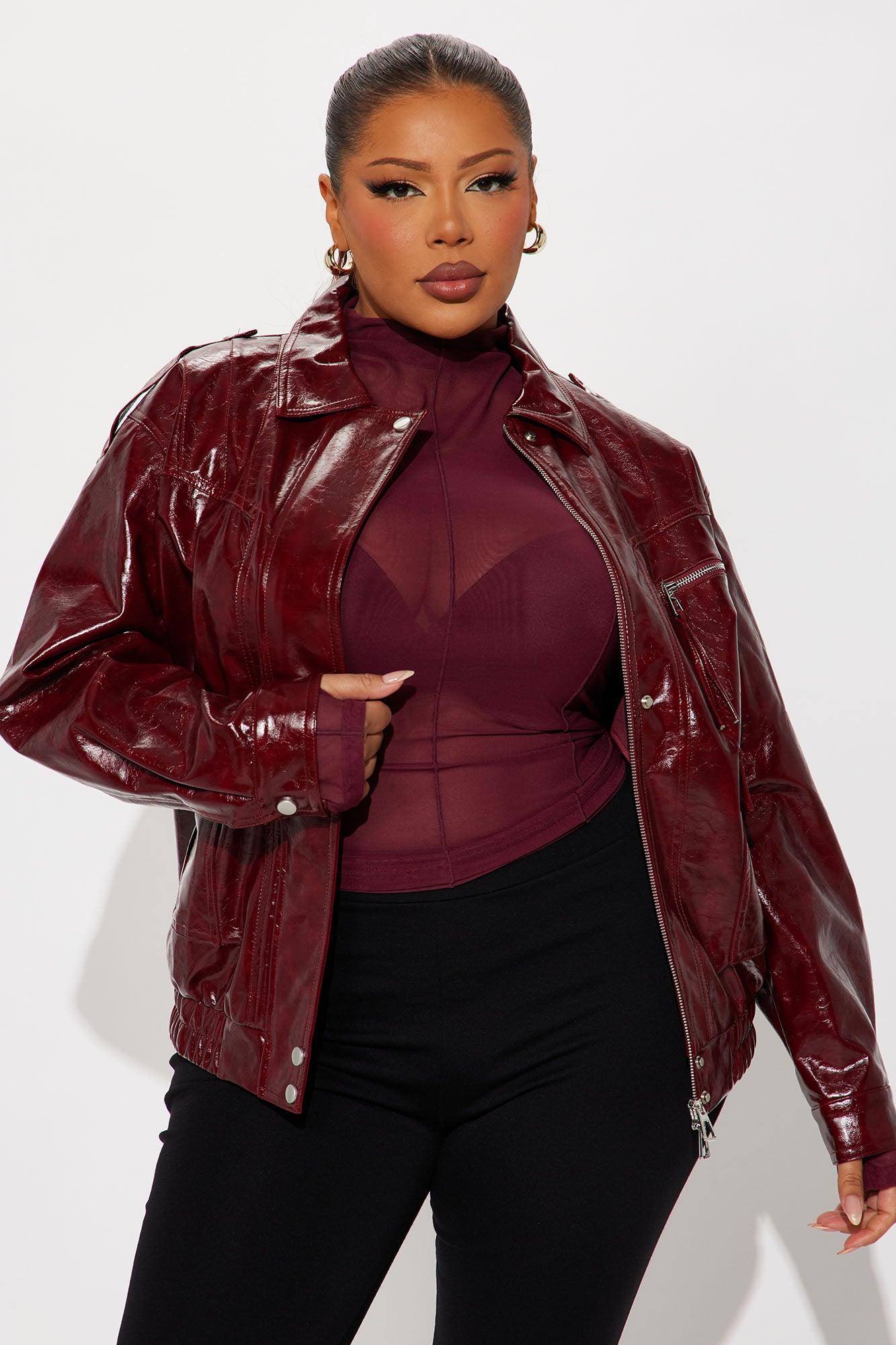 Follow My Lead Faux Leather Oversized Bomber Jacket - Burgundy Female Product Image