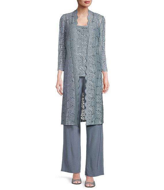 R & M Richards Sequin Glitter Scalloped Lace Scoop Neck 3/4 Sleeve 3-Piece Duster Pant Set Product Image