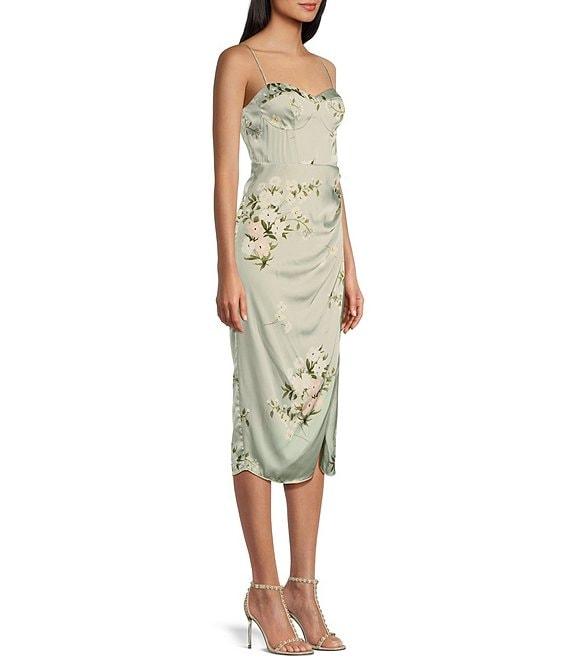 B. Darlin Floral Print Sweetheart Neck Spaghetti Strap Bustier Midi Shirred Dress Product Image