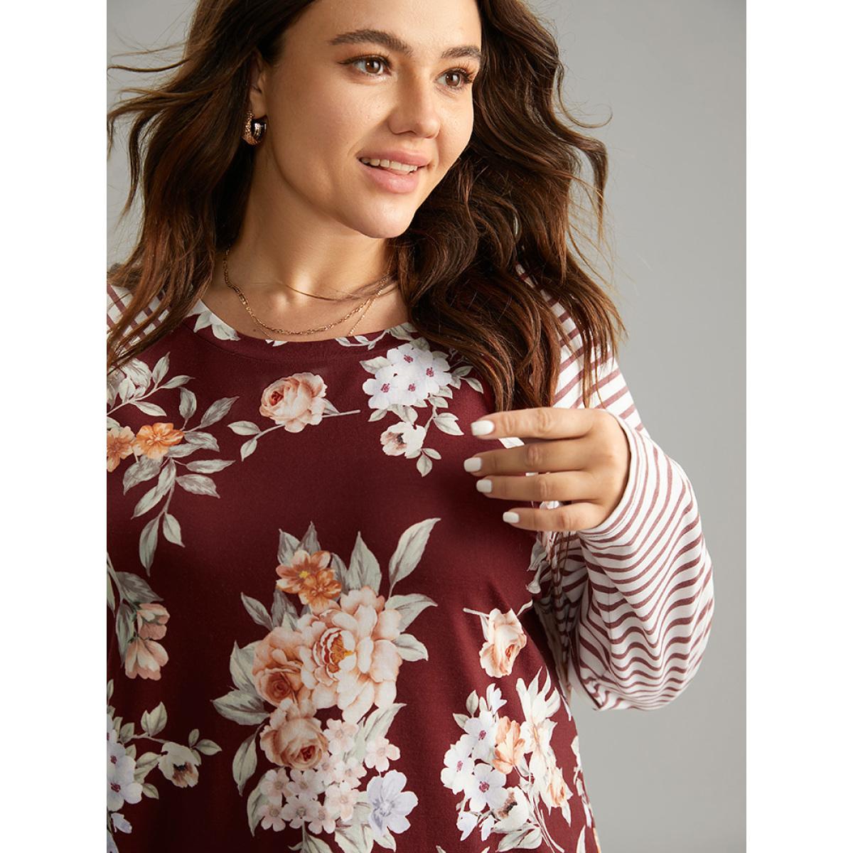 Plus Size Striped Patchwork Floral Print T-shirt Burgundy Women Elegant Contrast Striped Round Neck Dailywear T-shirts BloomChic 10/M Product Image