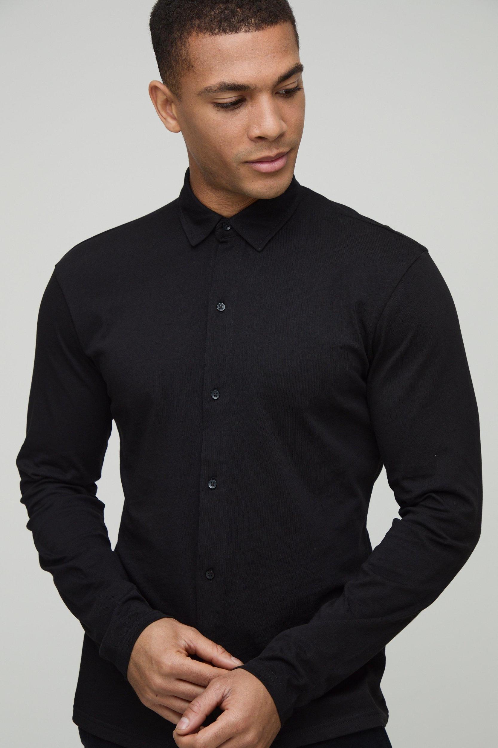 Slim Fit Jersey Long Sleeve Shirt | boohooMAN USA Product Image