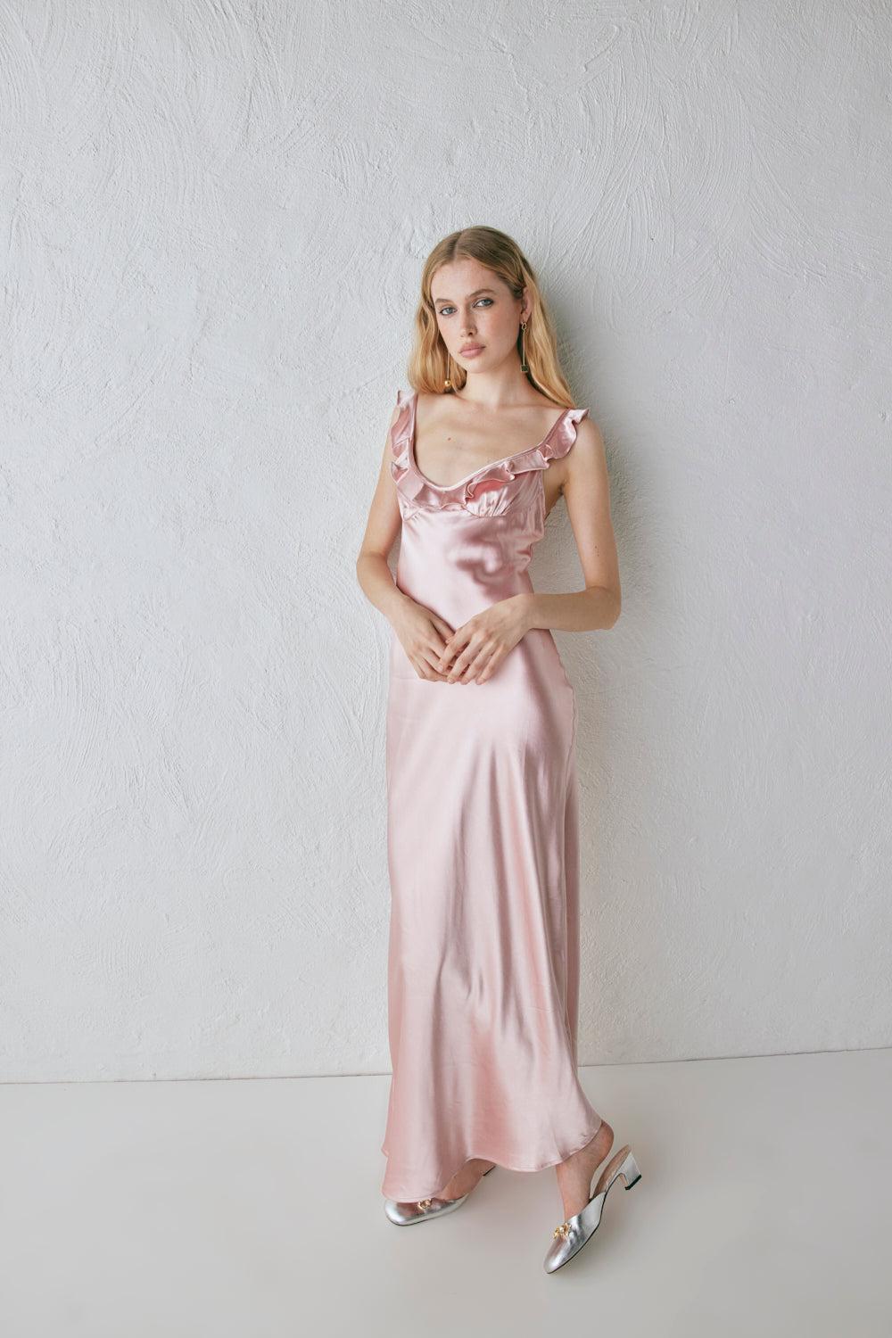 Rosalia Satin Bias Cut Maxi Dress Blush Product Image