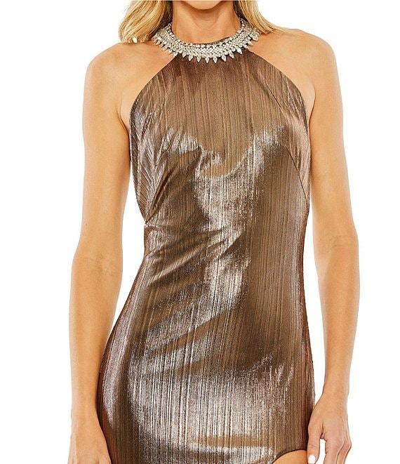 Mac Duggal Metallic Halter Crystal Neck Sleeveless Low Back Side Slit Gown Product Image