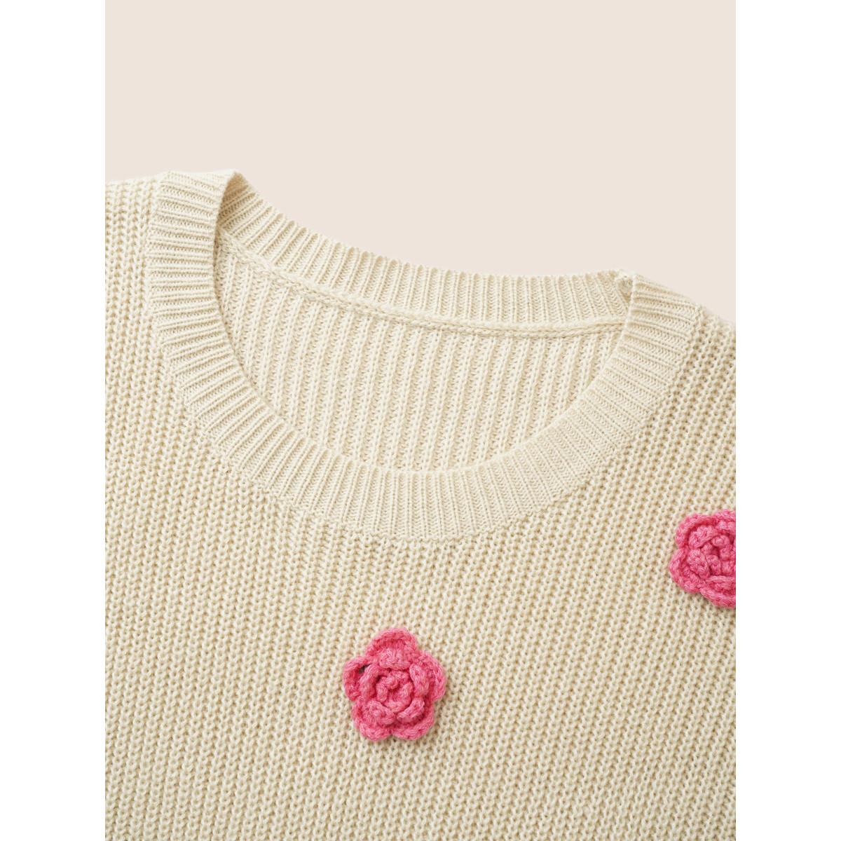 Plus Size Stereo Flower Design Split Hem Pullover Apricot Women Casual Long Sleeve Round Neck Everyday Pullovers BloomChic 14-16/1X Product Image