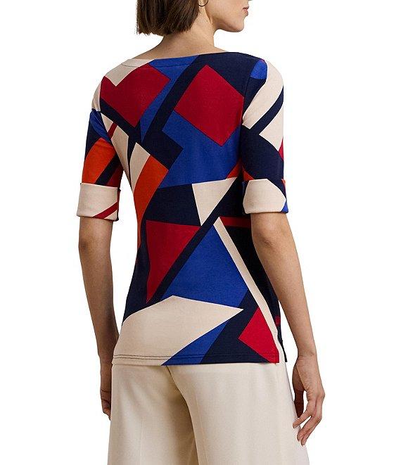Lauren Ralph Lauren Stretch Cotton Abstract Print Boat Neck Elbow Length Sleeve Tee Top Product Image