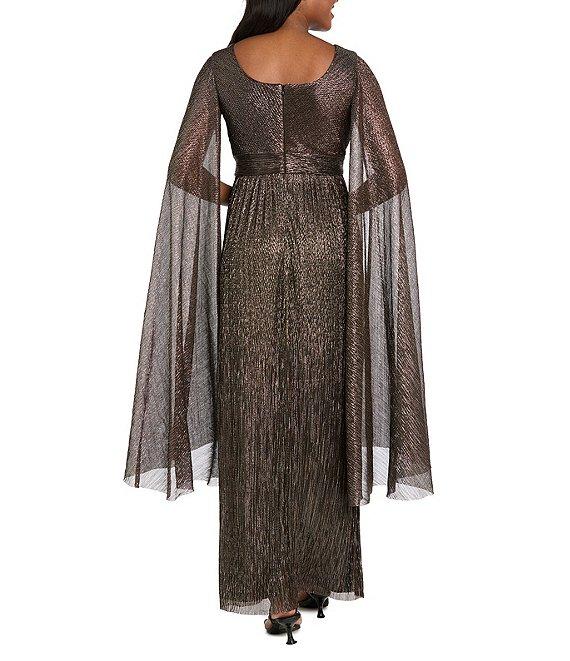 R & M Richards Crinkle Metallic Cape Sleeve Rhinestone Detail V-Neck Empire Waist Gown Product Image