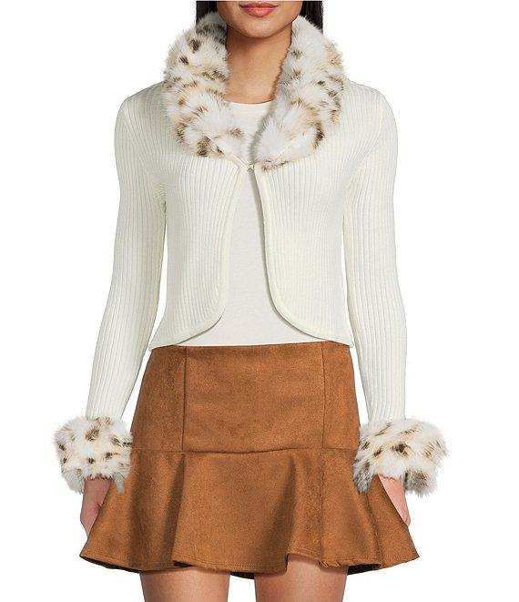 Honey & Sparkle Removable Faux Fur Collared Long Sleeve Cardigan Product Image