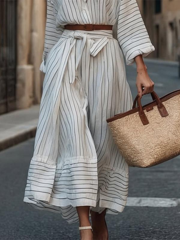 Long Sleeves Loose Belted Buttoned Striped Notched Collar Midi Dresses Shirt Dress Product Image