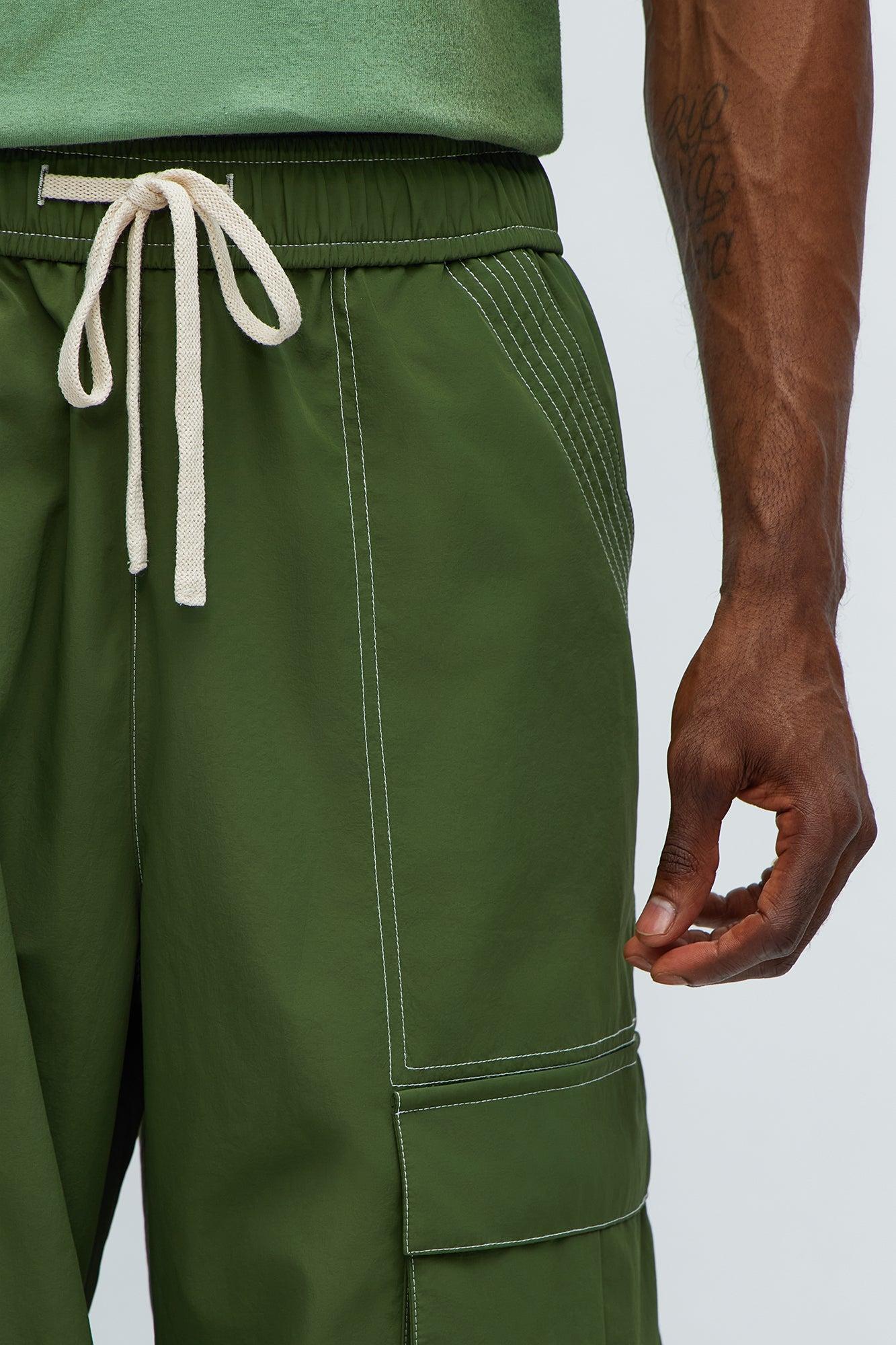 Baggy Stay Moving Contrast Stitch Nylon Cargo Pants - Olive Product Image