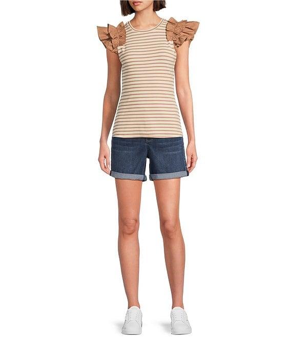 Gibson & Latimer Striped Ribbed Knit Crew Neck Contrasting Poplin Ruffled Short Sleeve Top Product Image