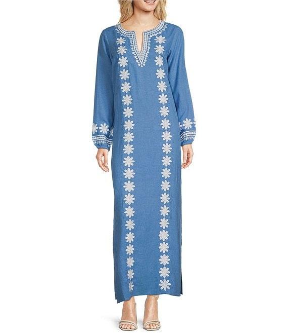 SAIL to SABLE Woven Embroidered Split V-Neck Long Sleeve Caftan Dress Product Image