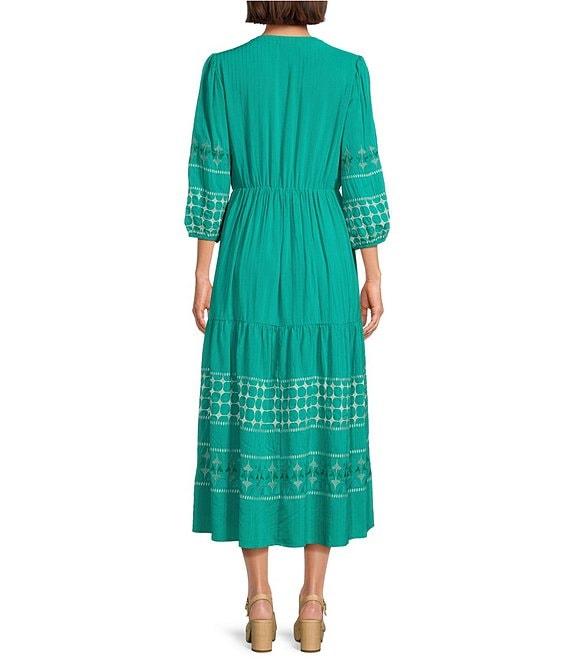 Nurture Embroidered Midi V-Neck 3/4 Sleeve Midi Dress Product Image