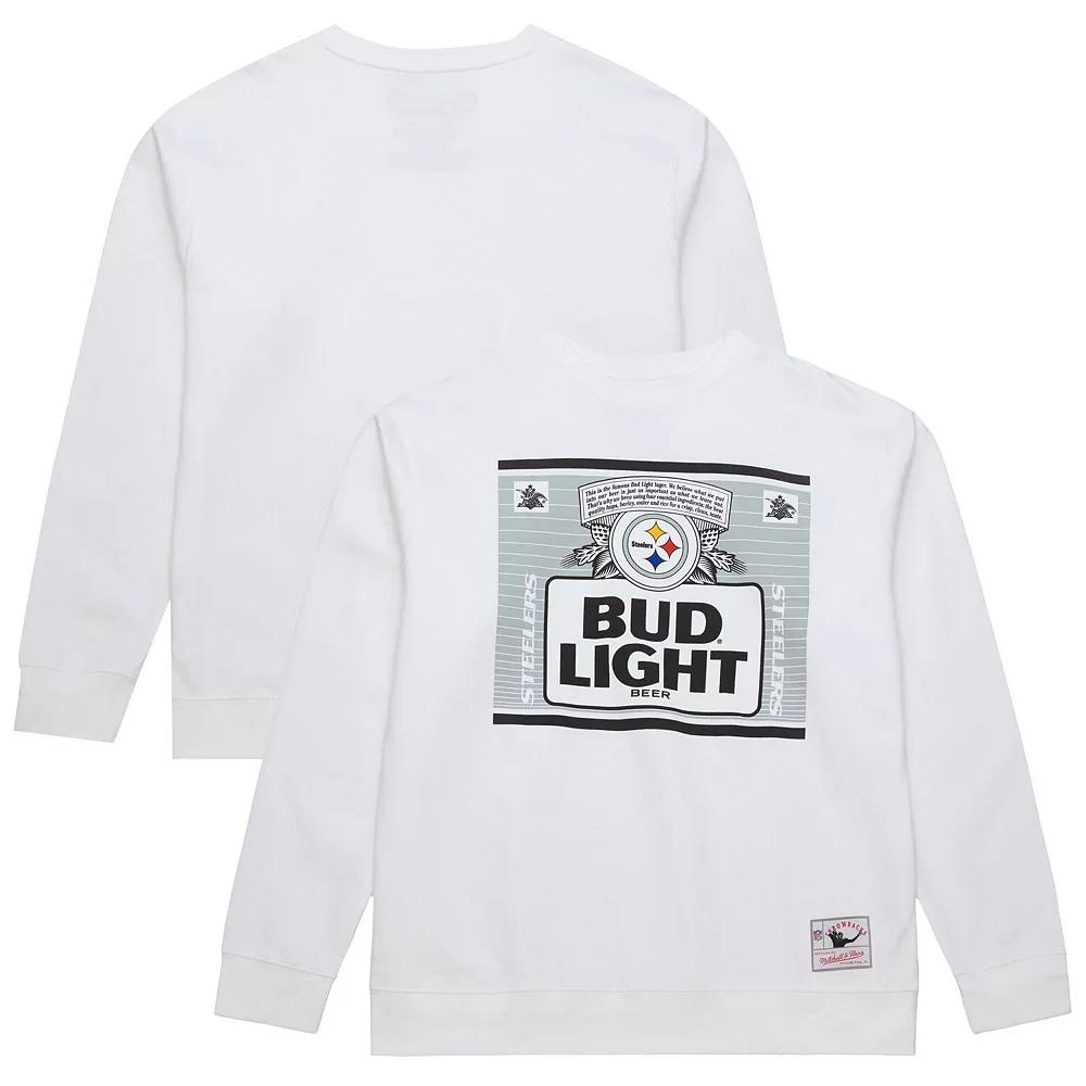 Men's Mitchell & Ness White Pittsburgh Steelers NFL x Bud Light The Crest Pullover Sweatshirt, Size: Large Product Image