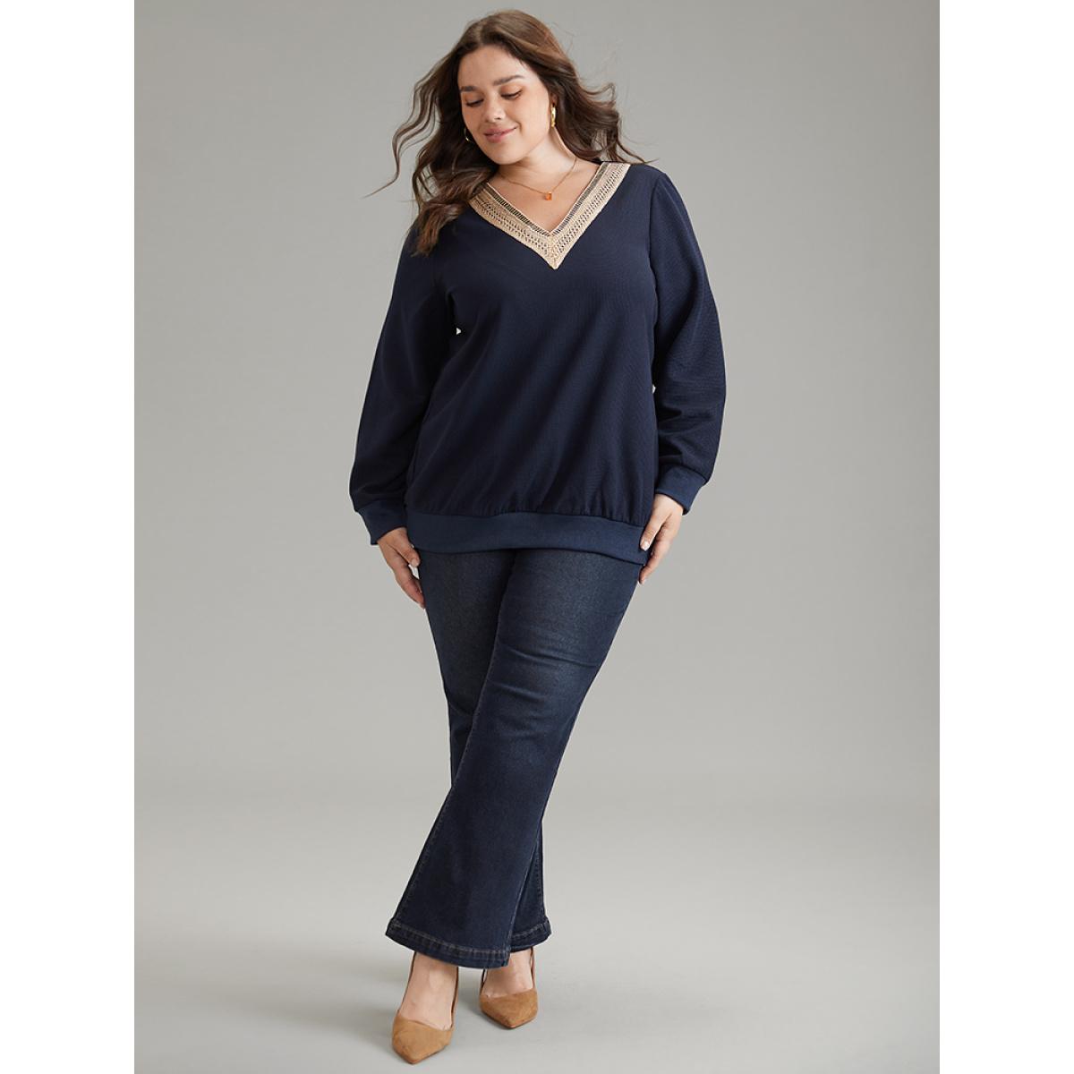 Plus Size Patchwork Lace Panel V Neck Waffle Knit Sweatshirt Women Blue Elegant Rib Knit V-neck Dailywear Sweatshirts BloomChic 12/L Product Image