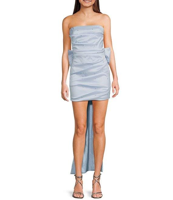 Allison & Kelly Strapless Pearl Taffeta Bow Back Mini Train Dress Product Image