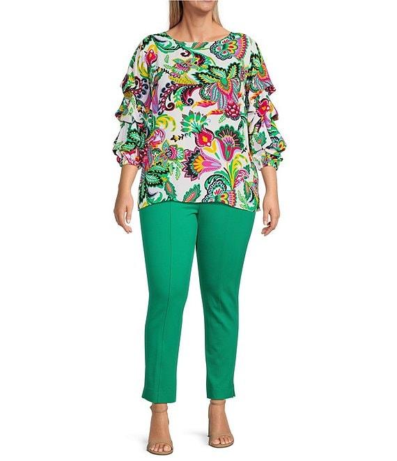 Slim Factor By Investments Plus Size Kara Exploded Jacobean Printed Boat Neck 3/4 Tiered Sleeve Top Product Image