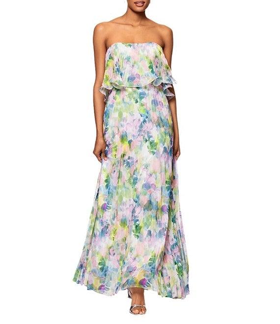 Betsy & Adam Pleated Chiffon Floral Print Strapless Neck Sleeveless Ruffle Gown Product Image