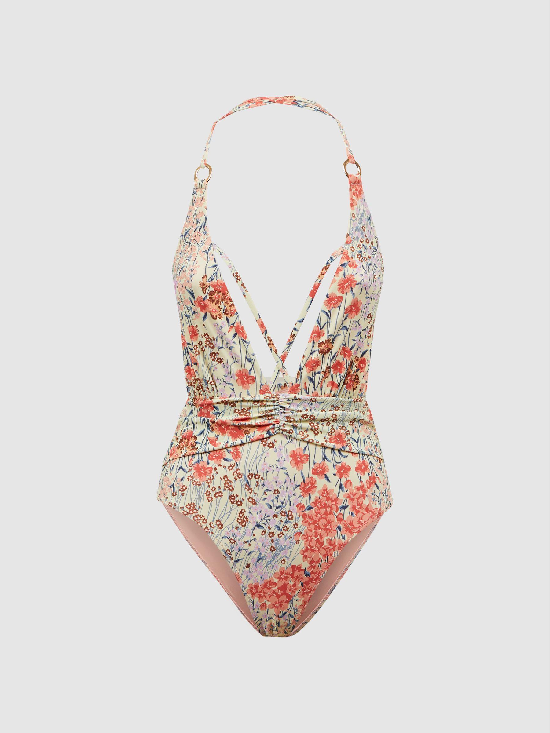Floral Print Plunge Neck Swimsuit in Pink Print Product Image