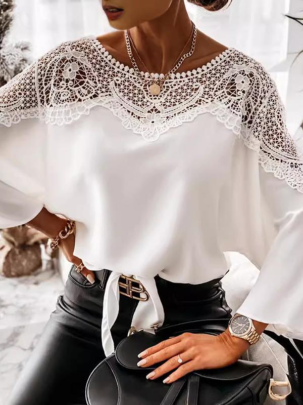 Long Sleeves Loose Solid Color Split-Joint Round-Neck Blouses&Shirts Tops Product Image