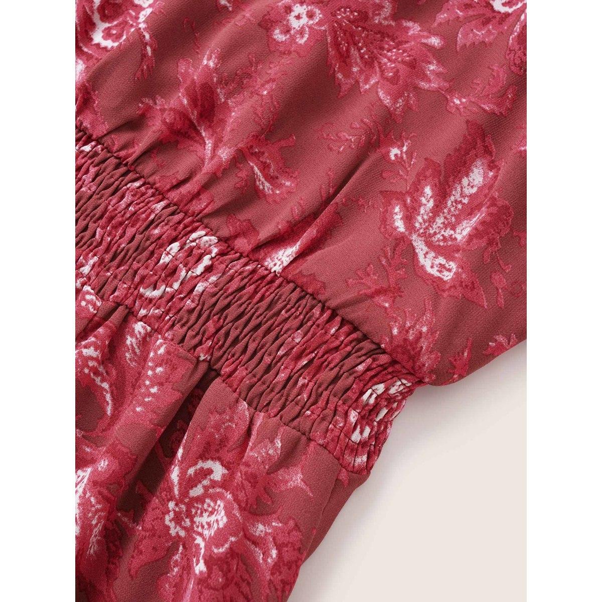 Plus Size Square Neck Floral Shirred Gathered Mesh Dress Russet Women Elegant See through Square Neck Long Sleeve Curvy Midi Dress BloomChic 12/L Product Image