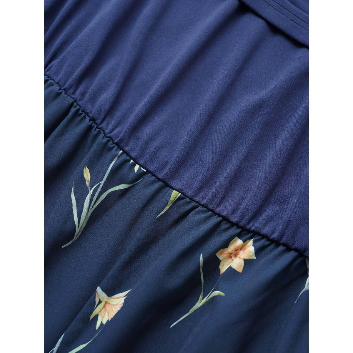 Plus Size Indigo Off Shoulder Floral Patchwork Ruched Belted Jumpsuit Women Elegant Long Sleeve One-shoulder neck Everyday Loose Jumpsuits BloomChic 12/L Product Image