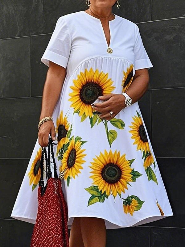 A-Line Loose Flower Print Pleated V-Neck Midi Dresses Product Image