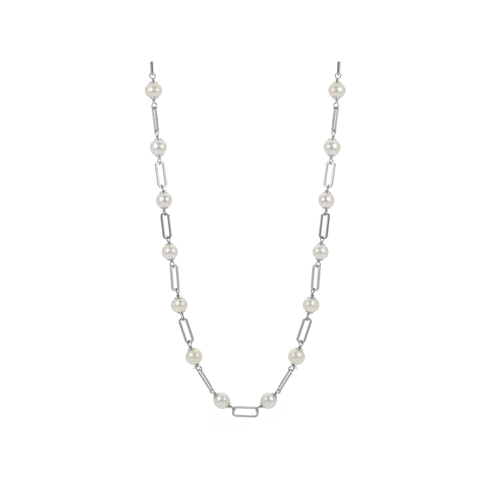 PearLustre by Imperial Sterling Silver Freshwater Cultured Pearl Paper Clip Link Necklace, Womens Product Image